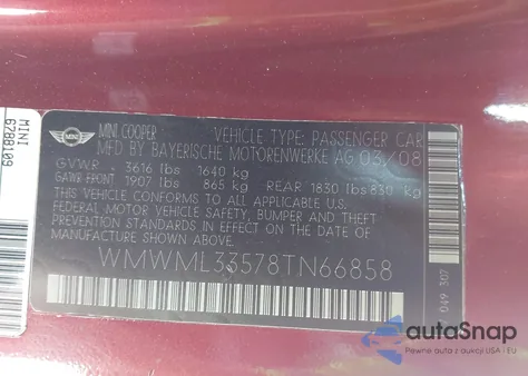 2008 Mini Cooper Clubman из США, поврежденный, VIN WMWML33578TN66858